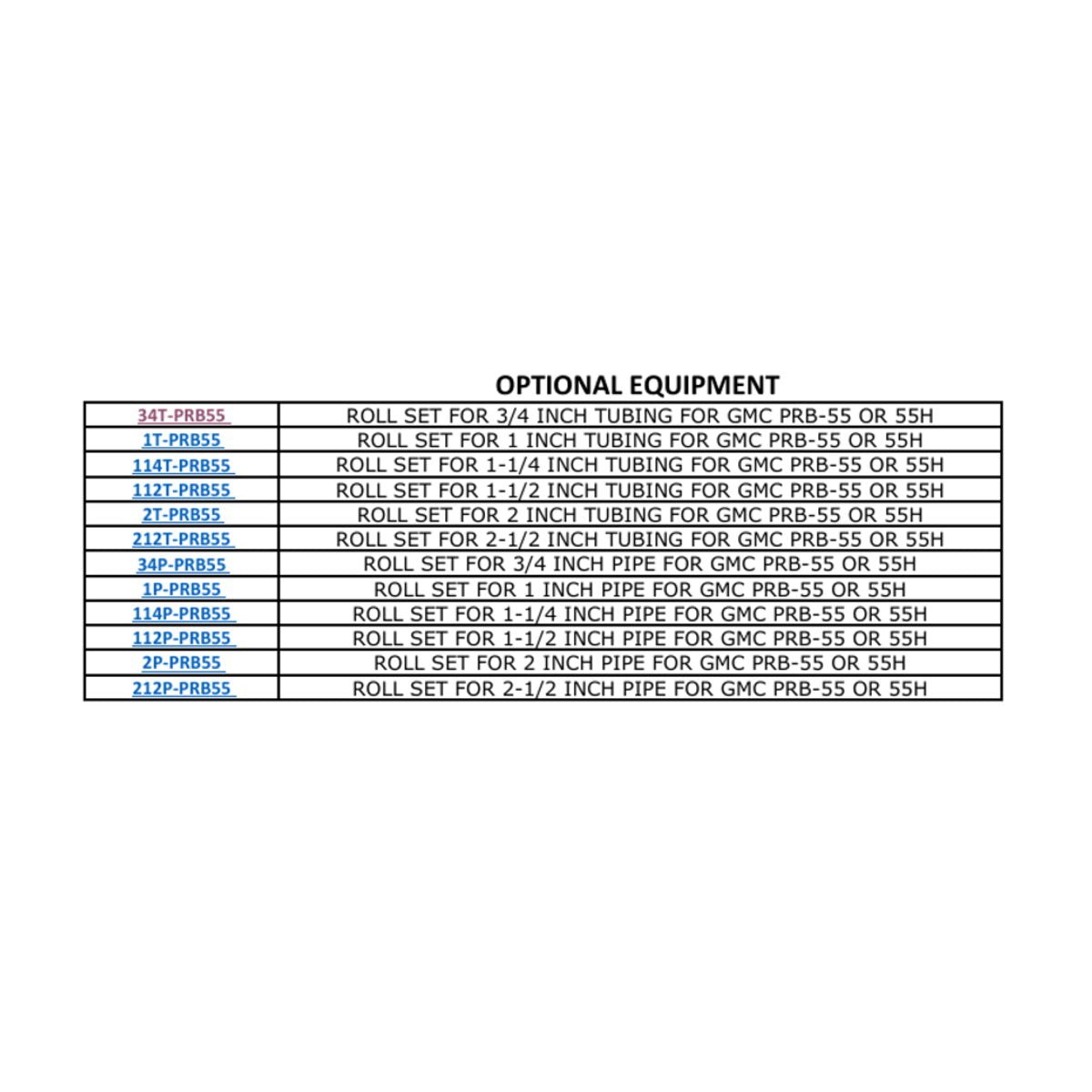View of PRB55H Optional Equipment Sheet