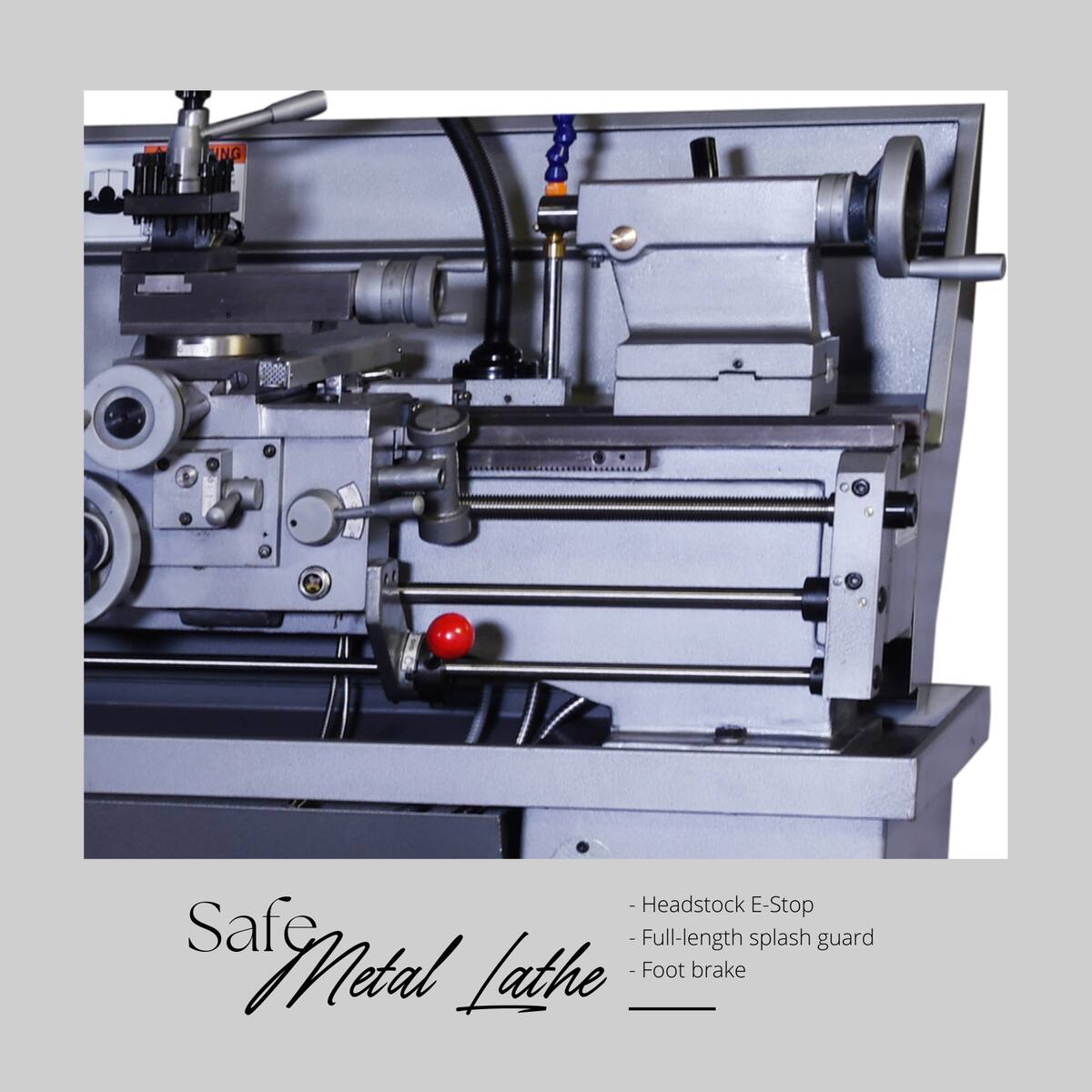 Image explaining GML 1440BGF Metal Lathe headstock, splash guard and foot break